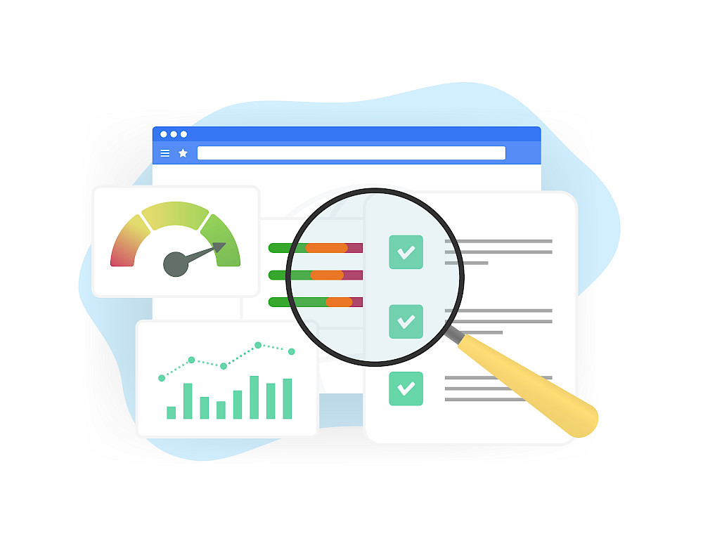 Grafik mit Lupe, Diagrammen und Checkliste zur Darstellung von Suchmaschinenoptimierung für Unternehmen in Saarbrücken