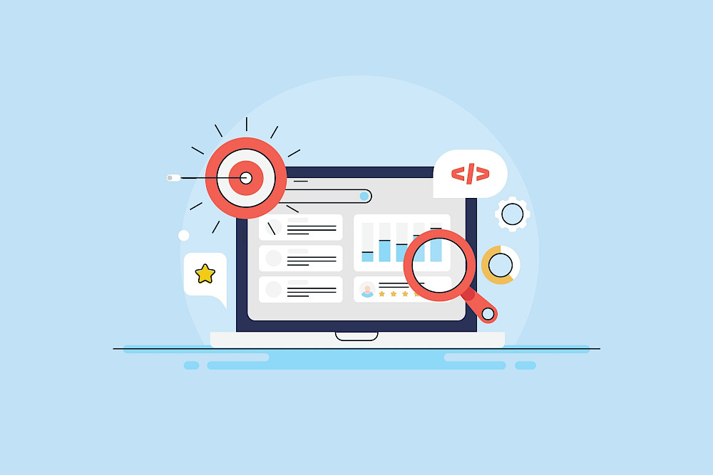 Illustration eines Laptops mit SEO- und Analyseelementen. Zu sehen sind eine Zielscheibe, eine Lupe, Diagramme und verschiedene Symbole, die für Suchmaschinenoptimierung, Website-Analyse und die Verbesserung der Online-Sichtbarkeit stehen. Die Grafik veranschaulicht die strategische Optimierung von Websites für bessere Rankings in Suchmaschinen und KI-gestützten Suchsystemen.